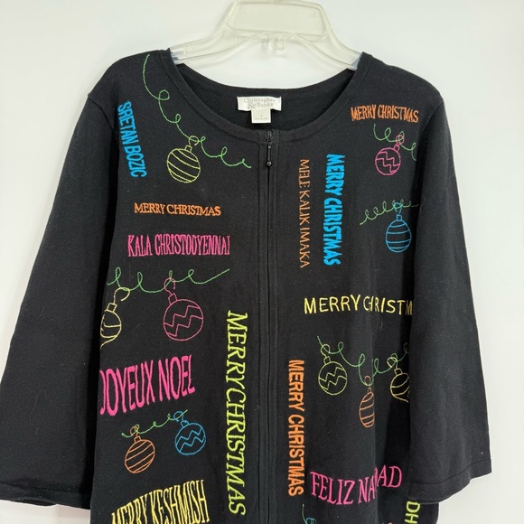 Christopher & Banks Size L Cardigan Christmas Holiday Word Sweater Zip Up Black - Picture 3 of 7